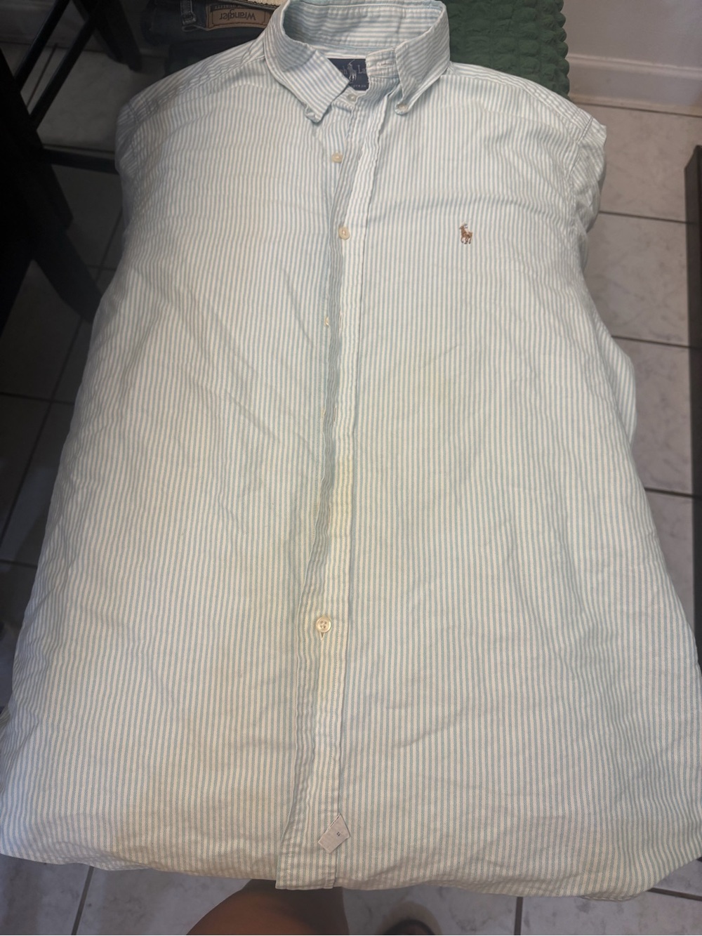 Ralph Lauren Light Green and White Striped Button-Down Shirt